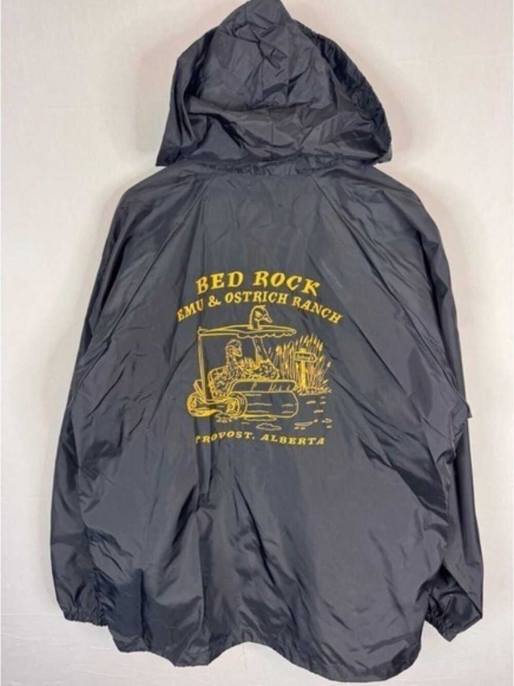Flinstones themed Bed Rock Emu Ostrich Ranch Windbreaker Jacket Black Men L